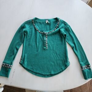 Free People Green Long Sleeve Top with Patterned Trim